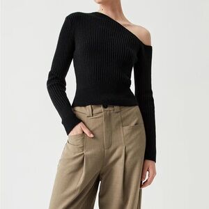 COMMENSE One Shoulder Long Sleeve Ribbed Pullover Sweater